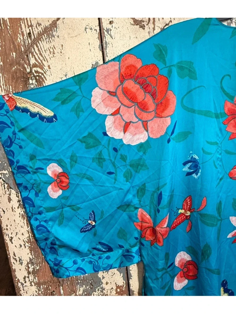 Natori blue Floral Butterfly Caftan Maxi size XL